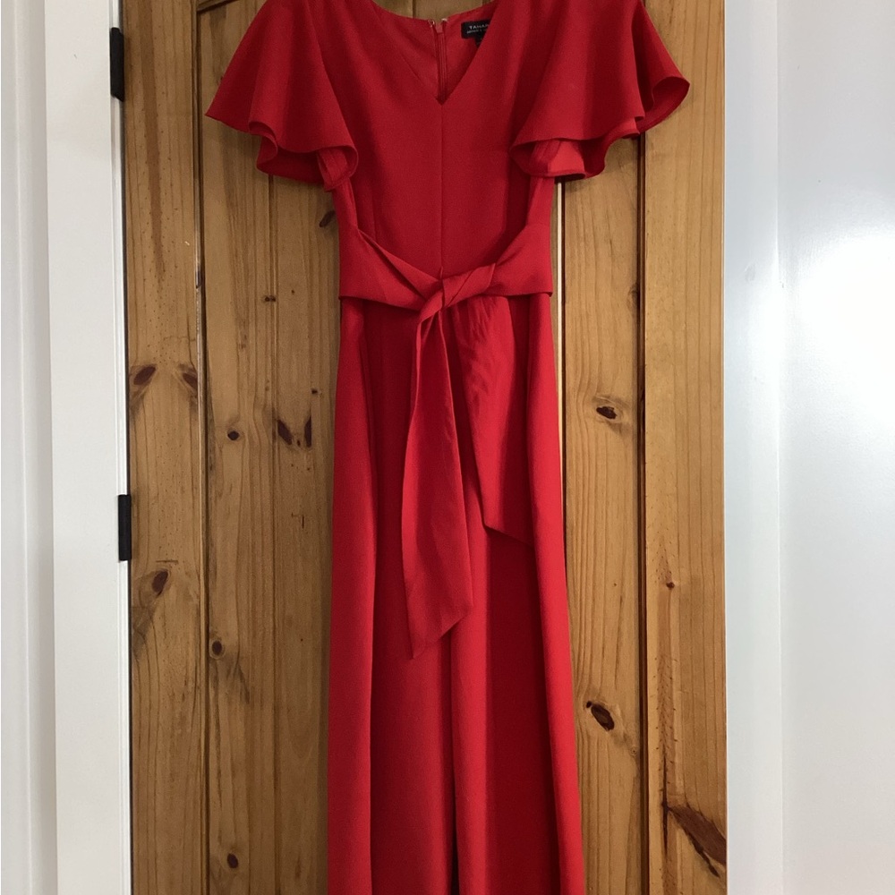 Tahari Red Flutter-Sleeve Belted Jumpsuit